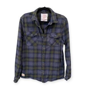 Globe Organic Cotton Wanderer Shacket Plaid Flannel Green Blue Small